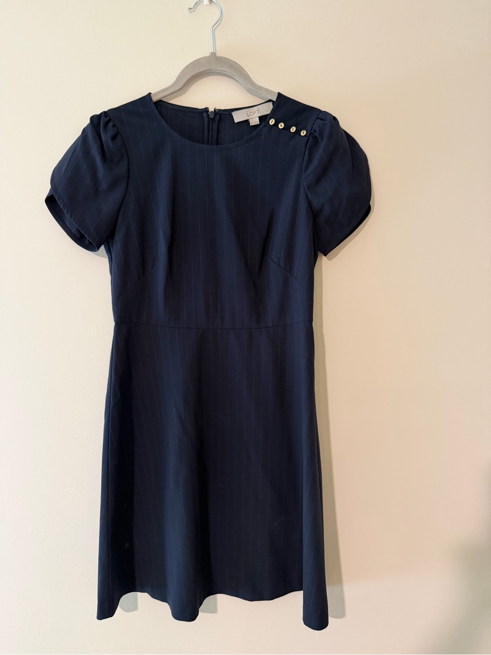 LOFT Navy Pinstripe Short Puff Sleeve Dress with Gold Buttons